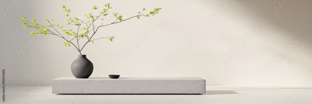 Poster a simple and elegant minimalist podium with a single branch in a vase, ideal for showcasing products