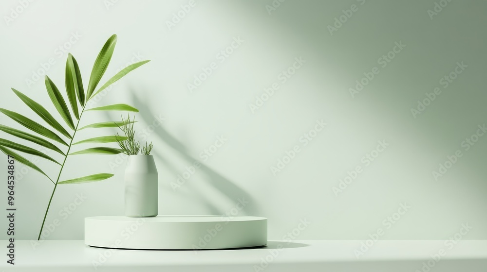 Poster a simple and elegant product display platform with a green background and natural elements, showcasi