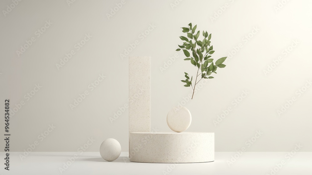 Poster a simple and elegant product display featuring a white podium, a sphere, a rectangular block, and a 