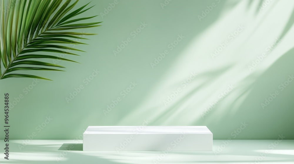Poster a simple and elegant product display platform featuring a white podium, a soft green background, nat