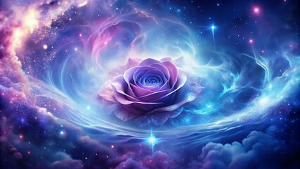 Mystical wallpaper with rose to indigo hues, swirling cloud textures, luminous points of light, and enchanting essence backdrop
