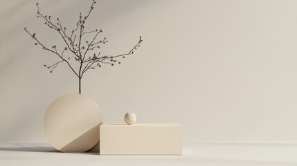 A simple and elegant product display featuring a round podium, a rectangular podium, and a vase with dried branches. The neutral colors and clean lines create a minimalist aesthetic, while the natural