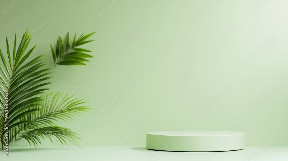 Poster a simple yet elegant product display platform with a green background and palm leaves. this image is