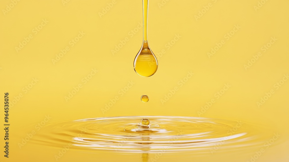 Poster a single droplet of golden liquid falls from a dropper, creating ripples in a pool of the same liqui
