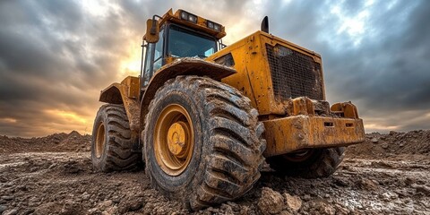 A large yellow bulldozer prepares the ground for construction