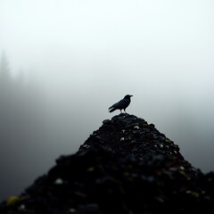 A single crow stands on a rocky outcropping, silhouetted against a misty background. The crow represents solitude, mystery, and the power of observation, while the mist suggests an air of enigma and t