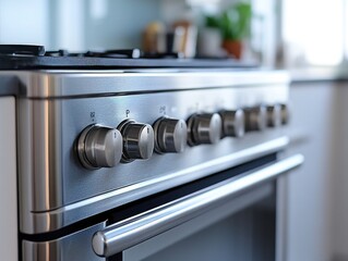 Close-up view of control knobs on a sleek stainless steel oven in a cozy kitchen