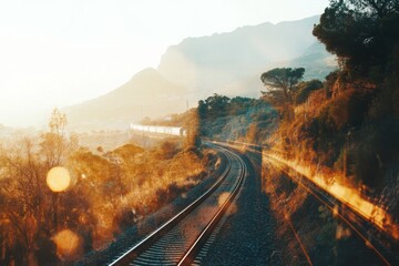 Double exposure of a train track blending with a mou, with copy space