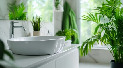 Fototapeta premium A sleek and modern bathroom featuring a large white bathtub and a white sink with a chrome faucet. The room is bathed in natural light from a window with lush green plants adding a touch of nature. Th