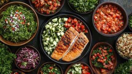 Fototapeta premium Grilled Salmon with Assorted Salad and Quinoa