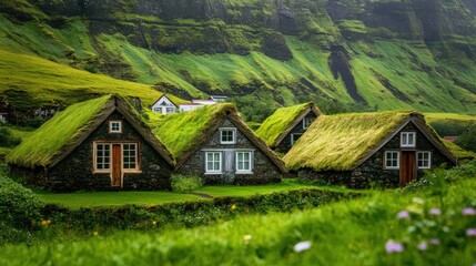 Obraz premium A close-up of the turf-roofed houses in the village of Gsadalur, surrounded by lush green hills.