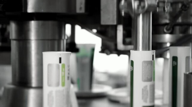 Automated filling of cosmetic tubes on precision production machine.