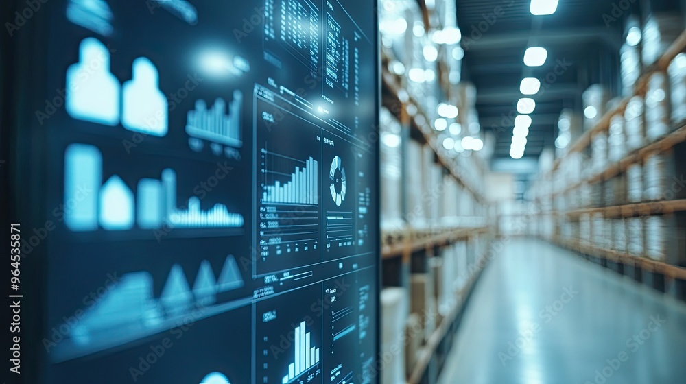 Poster digital dashboard for inventory management on a screen with blurred warehouse in the background, amp