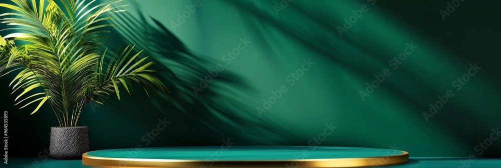 Poster a sophisticated and minimalist display platform featuring a green circular podium with a gold trim, 