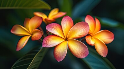Naklejka premium A close-up of the vibrant frangipani flowers, a common sight in Balitropical gardens.