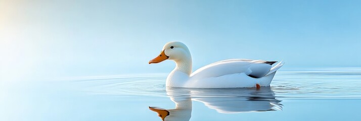 Fototapeta premium A solitary white duck floats gracefully on a tranquil body of water, its reflection mirroring the serene beauty of the scene. This image symbolizes peace, tranquility, purity, and the interconnectedne