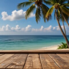 Top of wood table with seascape and palm tree, blur bokeh light of calm sea and sky at tropical beach background. Empty ready for your product display montage. summer vacation background concept.