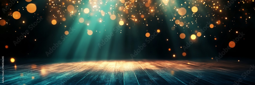Poster a stunning 3d stage illuminated by bright spotlights and sparkling particles, creating a magical and