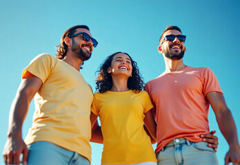 Three friends, two men in sunglasses and a woman in a yellow shirt, smile widely as they stand together under the sun. Their bright clothes and cheerful expressions radiate happiness and unity.