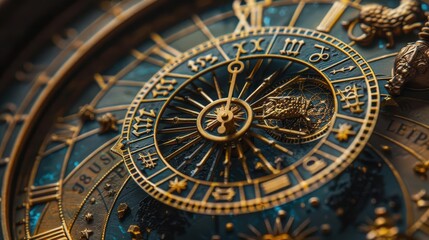 Obraz premium A close-up view of an intricate vintage clock with detailed zodiac symbols and ornate craftsmanship, showcasing timeless elegance.