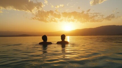 A couple enjoying a float in the Dead Sea at sunset, with the golden light casting a warm glow over the scene.