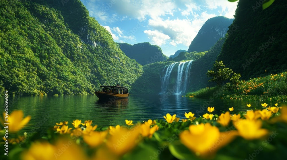Poster a tranquil boat floats on a still river surrounded by towering green cliffs and a cascading waterfal