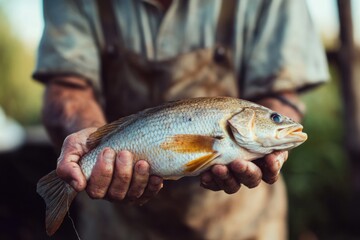 Obraz premium Fisherman holding a large catch, portrait photography, with copy space