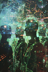 Obraz premium Immersed in the Virtual Realm - Futuristic Digital Artwork of Humanoid Figures in Virtual Reality Simulation