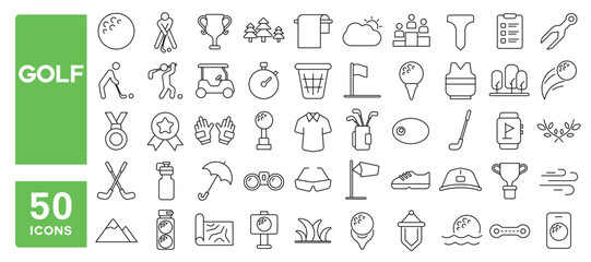 Set of 50 line icons related to golf, flag, umbrella, ball, stick, glove, cart, hole, trophy, medal, golfer, Editable stroke. Vector illustration