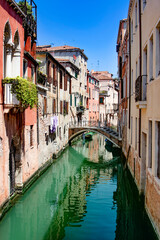 A stunning view of a tranquil canal in Venice, highlighting the beauty of traditional Italian architecture