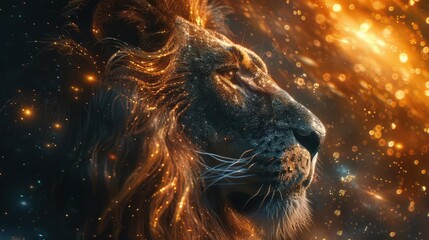 Majestic lion portrait surrounded by a cosmic background filled with stars and vibrant colors, showcasing strength and beauty.