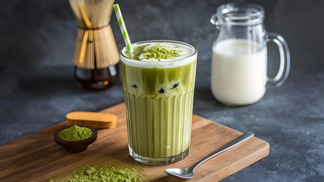  A tall glass of iced matcha latte with almond milk, served with a straw and a sprinkle of matcha powder on top.