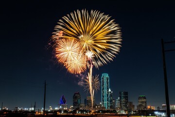 Fototapeta premium A vibrant firework display explodes in a kaleidoscope of colors over a bustling cityscape, symbolizing celebration, hope, and the beauty of shared moments. The fireworks create a sense of wonder, whil