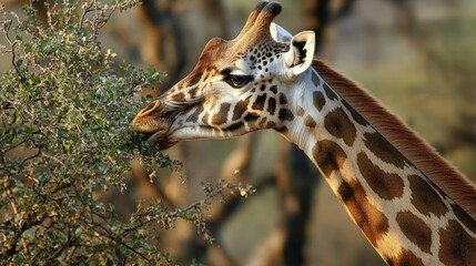 Obraz premium A giraffe feeding on the leaves of an acacia tree in Kenya Samburu National Reserve.