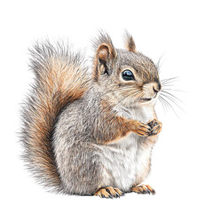 A cute, fluffy squirrel stands gracefully with its paws together, showcasing its vibrant fur and delightful expression.