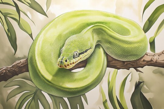 A watercolor illustration of a green tree python coiled on a branch, surrounded by tropical leaves, with soft shading and realistic detailing
