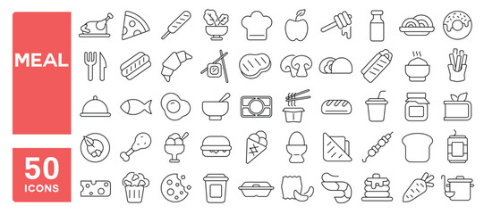 Set of 50 line icons related to meal, food, bowl, pasta, chicken, fish, sandwich, soup, meat, vegetables, pot, sushi, pizza, Editable stroke. Vector illustration