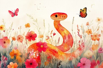A vibrant watercolor illustration of an orange snake coiled among bright red and orange flowers, with butterflies fluttering around, creating a lively and colorful nature scene