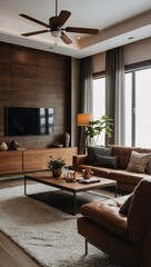 Cozy modern living room with minimalist brown furniture and warm tones.