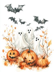 Fototapeta premium A watercolor illustration featuring three friendly ghosts, jack-o-lantern pumpkins, and flying bats in a whimsical autumn setting. The image symbolizes Halloween, fall, and the spirit of the season.