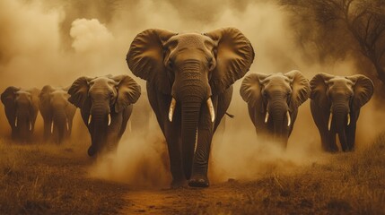 A group of elephants walking in a line through Kenya Tsavo National Park, with dust rising from their feet.