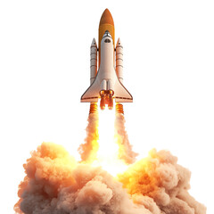A dynamic rocket launching into space, leaving a trail of smoke and fire, symbolizing exploration and innovation.