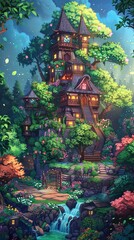 Magical Treehouse Illuminated in Forest at Night