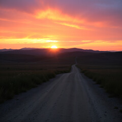 Fototapeta premium Rural Dirt Road Leading to Vibrant Sunset over Rolling Hills