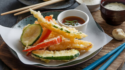 A serving of crispy vegetable tempura with dipping sauce, including lightly battered zucchini, sweet potatoes, and bell peppers, presented on a parchment-lined plate. 