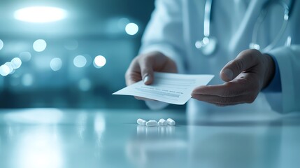 A doctor handing a prescription to a patient with pills on the table, representing health and medical care.