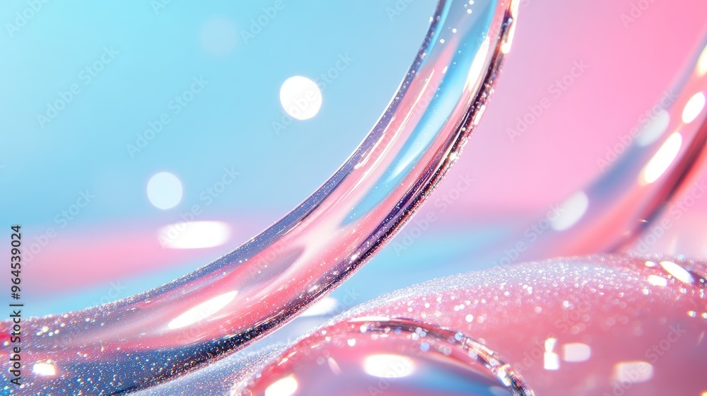 Poster an abstract image featuring a curved, translucent, shiny, glass-like object with a soft pink and blu