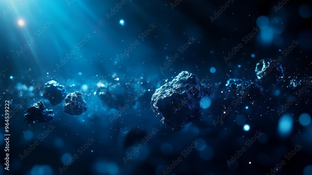 Poster an ethereal scene depicting a field of icy asteroids, bathed in the ethereal glow of a distant star.