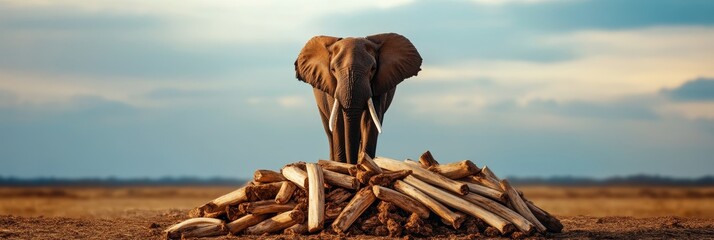 An elephant stands proudly over a large pile of ivory tusks, symbolizing the tragic impact of poaching and the need for conservation efforts to protect these magnificent creatures. The image serves as
