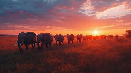 A herd of elephants walking across the savanna at sunset in Kruger National Park, with the sky painted in shades of pink and orange.
